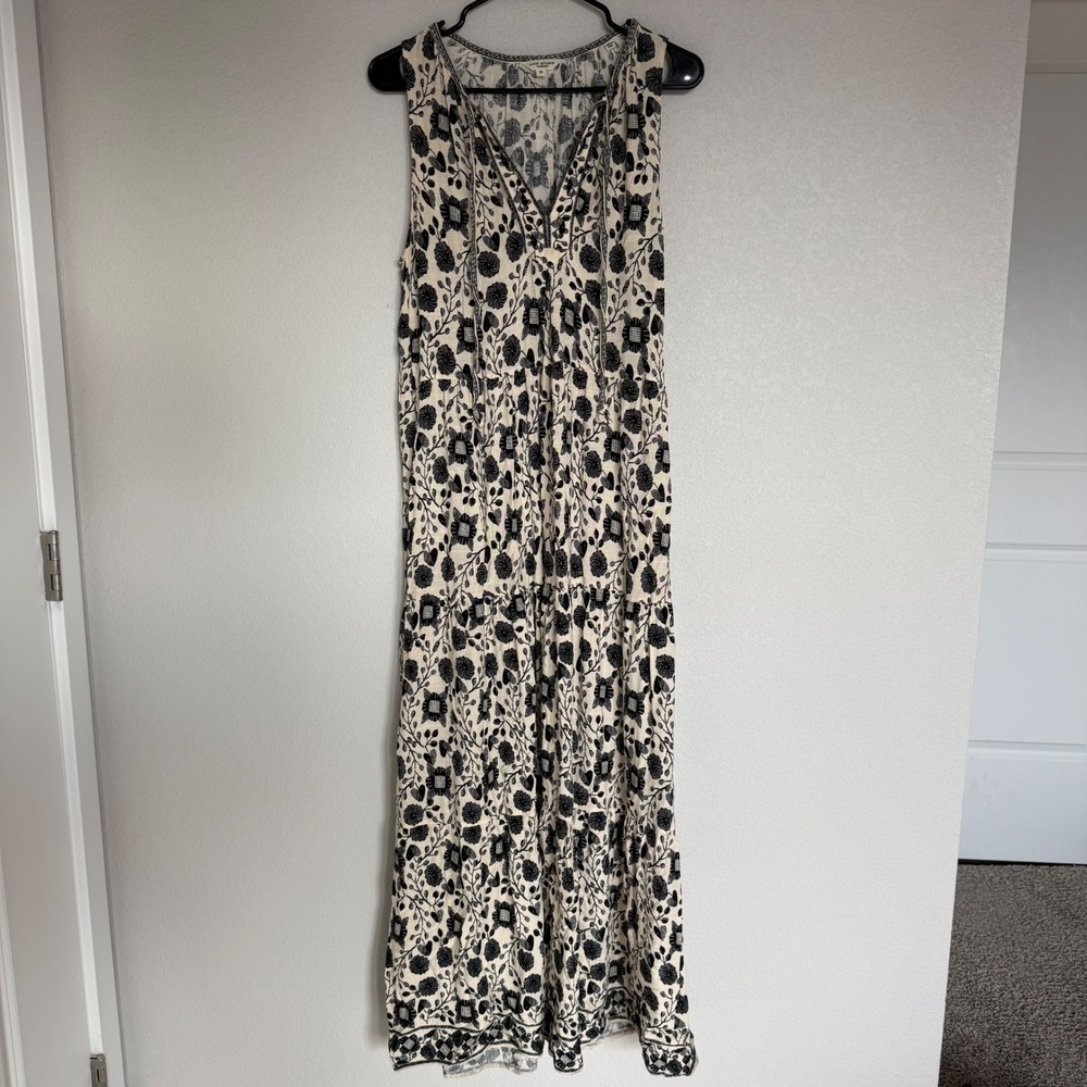 Max Studio London Floral Sleeveless Tiered Maxi Dress Black Cream M Feminine